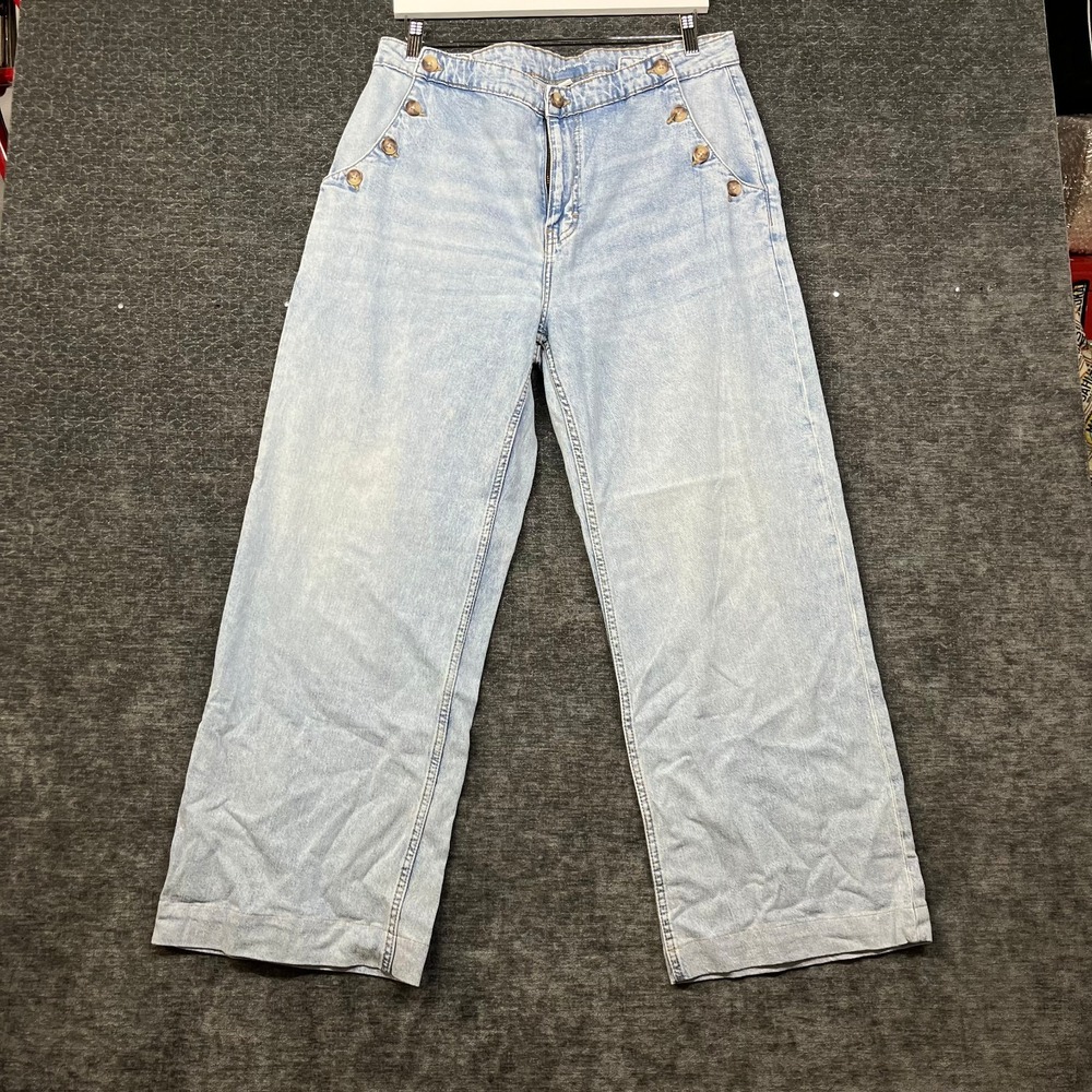 ON 34th Wide Leg Sailor Jeans Womens 14 Blue Good Stretch Button High Rise